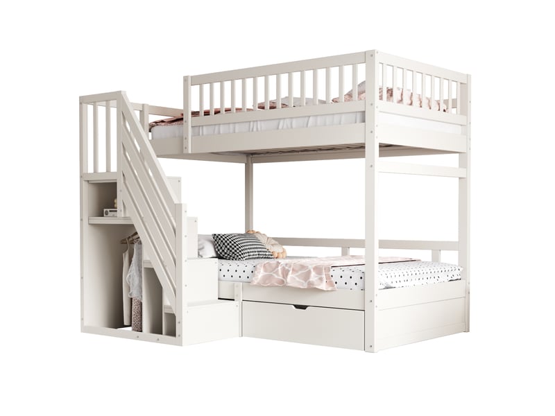  Lit superposé enfant 90x200 cm – blanc – escalier de rangement, tiroir sous lit et sommiers à lattes - sans matelas  - Conforama A