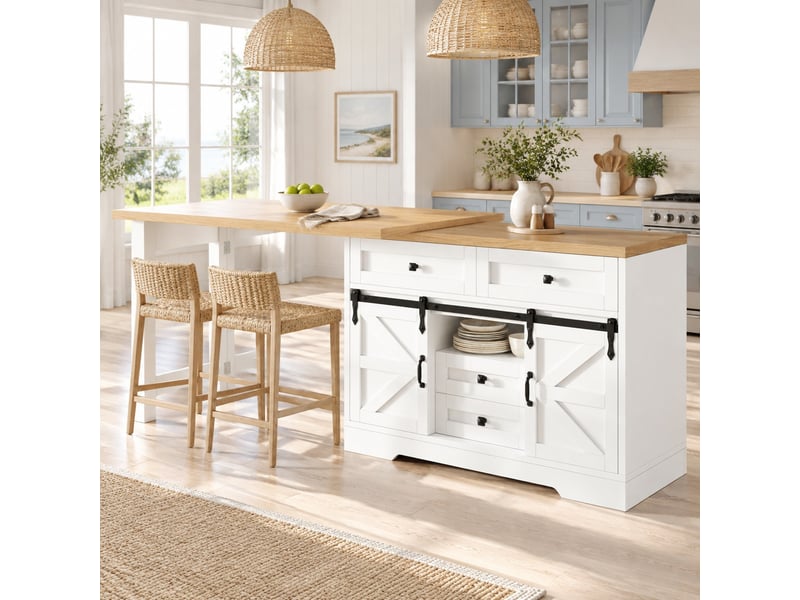 Desserte de cuisine extensible avec placard latéral, tiroirs cachés et plateaux pivotants en mdf pour cuisine blanche - Conforama C