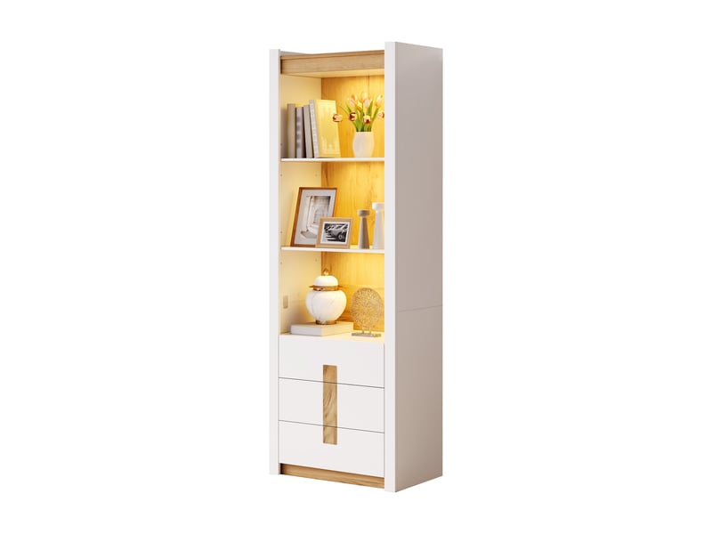  Bibliothèque blanche 55x40x200 cm à vérifier, panneaux de particules, 3 tiroirs, 3 niches réglables et éclairage led  - Conforama A