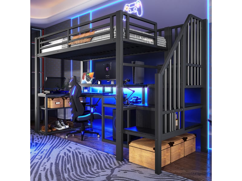  Lit mezzanine avec bureau 90 x 200 cm, cadre en métal noir, rangements, éclairage led et ports usb  - Conforama R