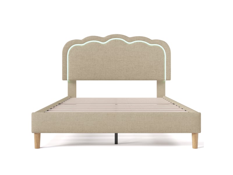  Lit double 140 x 200 cm avec tête de lit réglable, lit enfant avec led, lit 2 personnes avec cadre de lit en bois, tissu en lin  - Conforama E