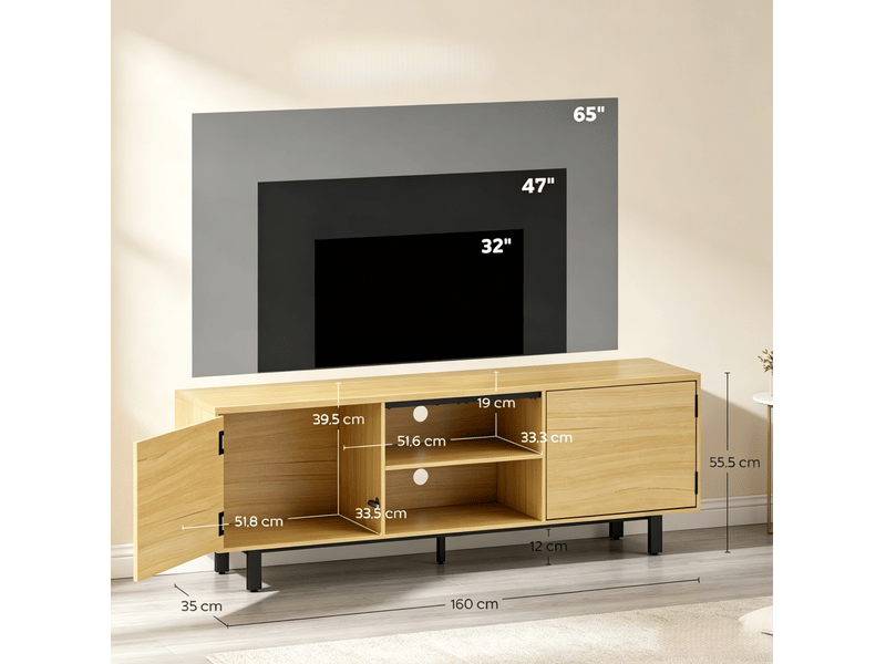  Meuble tv modenvie 160 cm 2 portes push-open 2 niches coloris naturel et noir  - Conforama C