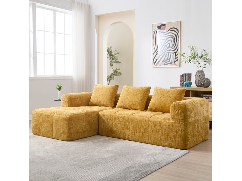  Canapé d'angle 250x158x60cm, poches latérales range-télécommande, 3 coussins inclus, 3 places, revêtement en tissu jaune  - Conforama E