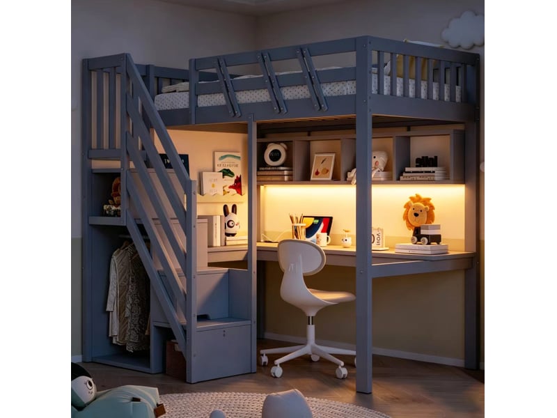  Lit mezzanine 90x200 cm avec bureau et rangements en bois gris  - Conforama D