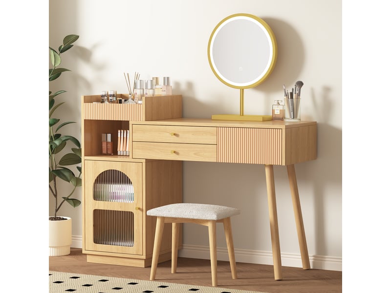  Coiffeuse avec miroir led 120x40x90cm rangement | style moderne effet chêne et verre cannelé | 3 tiroirs charge 50kg - bois naturel  - Conforama C