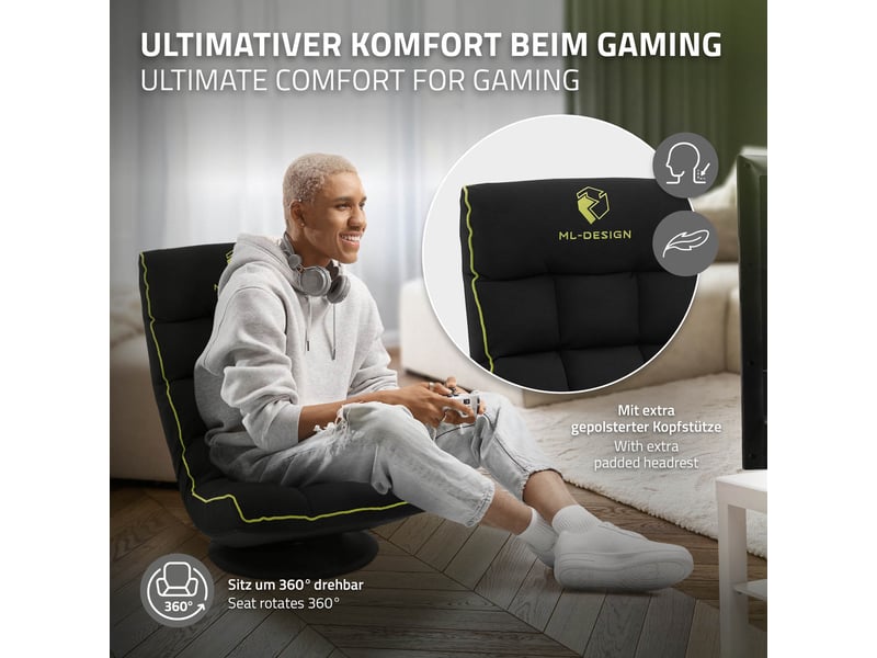 Ml-design fauteuil de sol gaming noir-vert pivotant 360° modèle de jeu pliable avec appui-tête dossier réglable et rembourré siège multi-positions relaxant confort pour lounge salon ou chambre ECD Germany GmbH - Conforama C