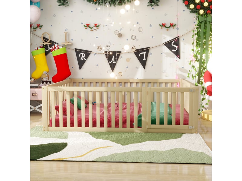  Lit enfant au sol 200×140 cm avec clôture de 60 cm et porte, sans matelas ni sommier, en bois naturel  - Conforama C