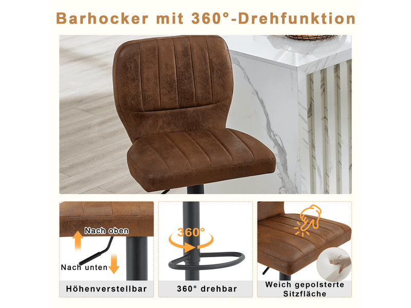  Tabouret de bar pivotant réglable avec dossier et repose-pieds, en similicuir vintage, noir et marron  - Conforama E