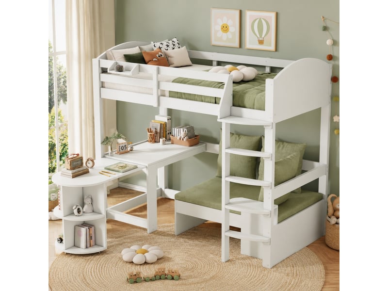  Lit mezzanine enfant multifonction blanc 90 x 200 cm avec bureau coulissant et canapé de rangement  - Conforama D
