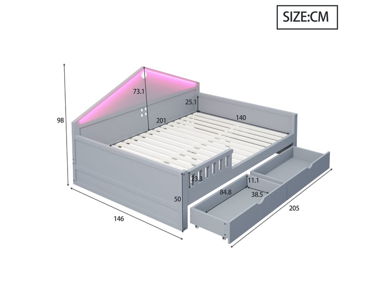  Lit enfant 140x200 cm gris avec bandeau led contrôlable, 2 tiroirs et sommier à lattes inclus  - Conforama C