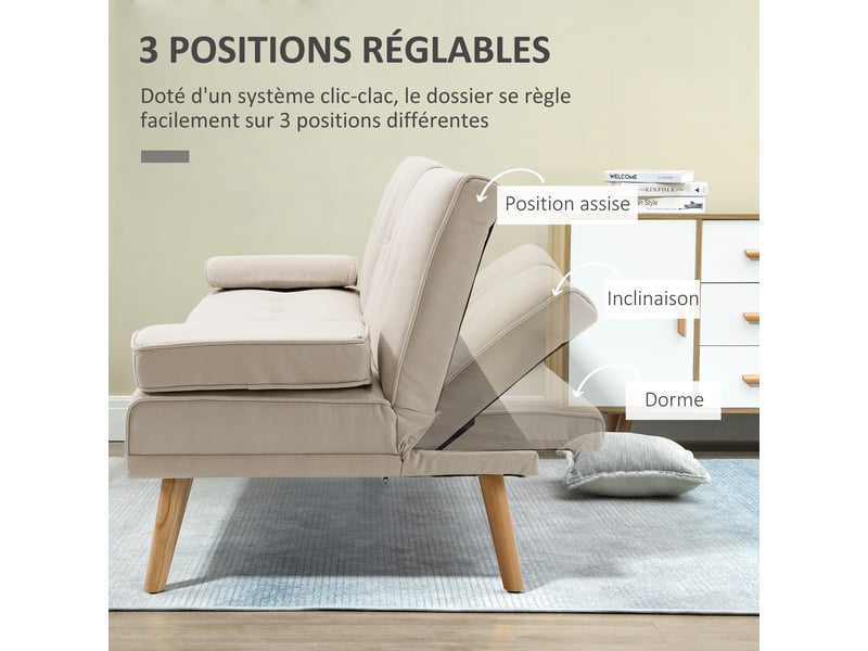  Canapé convertible 3 places, 2 coussins et 2, canapé-lit rembourré avec dossier réglable 3 niveaux  - Conforama E
