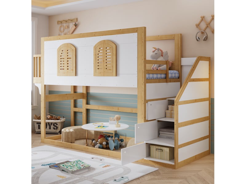  Modenvie lit mezzanine enfant 90x200 cm - avec escalier de rangement, espace de jeu - sans matelas - bicolore  - Conforama B