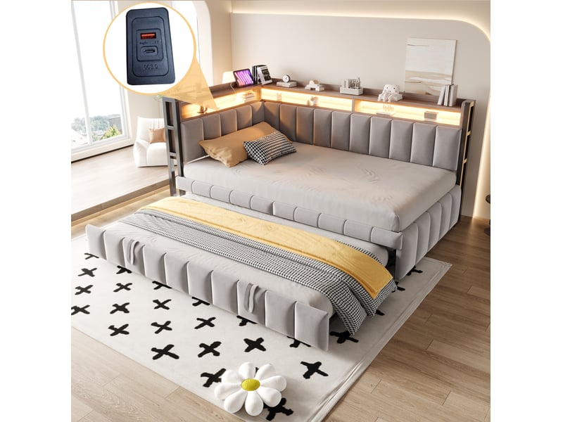  Lit enfant gigogne 90x200cm+90x190cm led, rangement, ports usb‑c, sommier à lattes, velours gris clair sans matelas  - Conforama W
