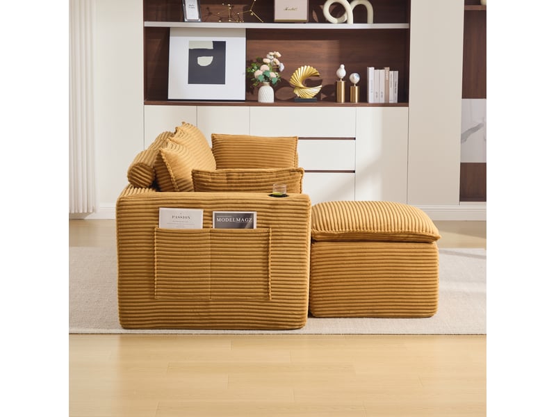  Canapé modulable 3 places en velours côtelé orange avec pouf, coussins, porte-boissons et poches latérales  - Conforama E