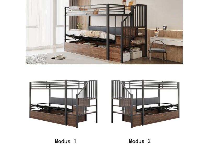  Lit mezzanine 90×200 cm, lit simple - rangement hydraulique, escalier avec étagères et dossier rembourré - sans matelas  - Conforama E