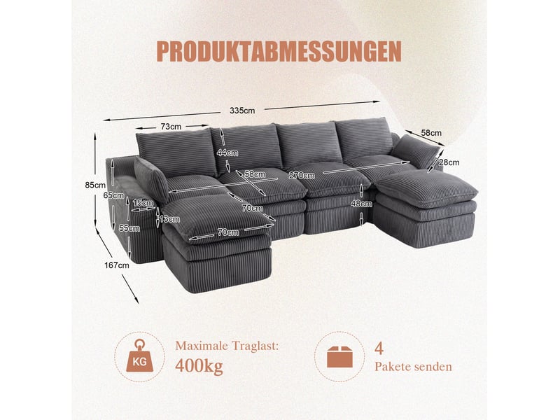  Canapé modulable ulevr 4 places en velours côtelé gris foncé avec 2 poufs, coussins et poches latérales  - Conforama C
