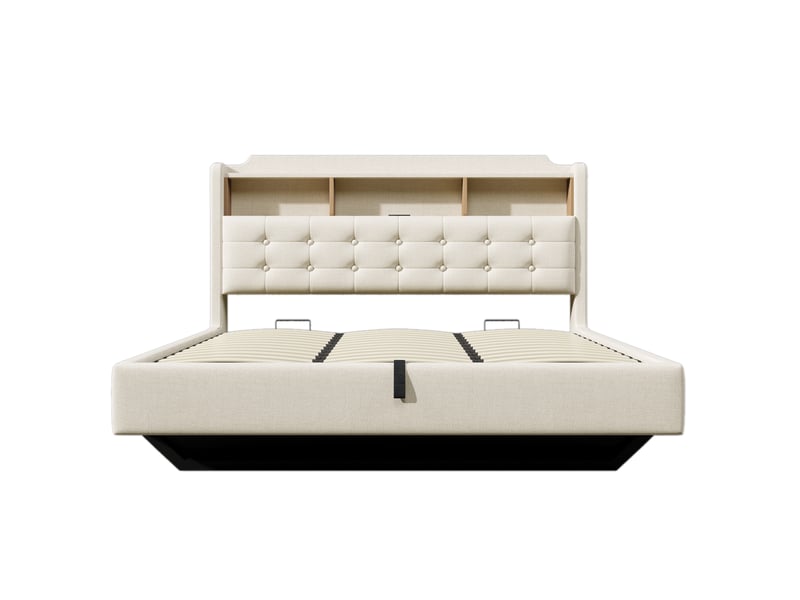  Lit capitonné 180 × 200 cm, beige, sans matelas, led, coffre hydraulique, usb type-c, lin  - Conforama A