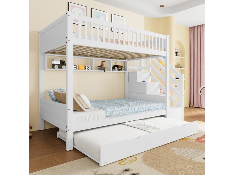 Lit superposé enfant 90 x 200 cm avec lit gigogne, armoire et escalier de rangement, en pin et mdf, blanc - Conforama B