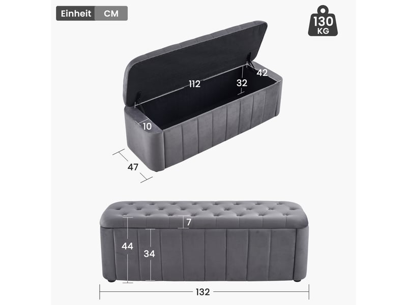  Banquette coffre 132 x 47 x 44 cm gris foncé en velours, assise capitonnée avec rangement intégré  - Conforama C