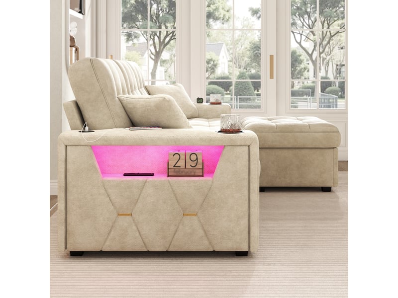  Canapé d’angle 3 places en chenille 194,5x133x83 cm, avec usb-c et led, porte-gobelets, rangements latéraux, 2 tiroirs et pouf coffre, beige  - Conforama E