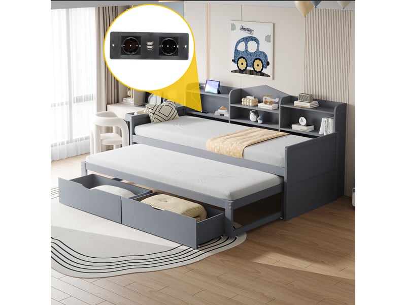  Canapé-lit 90x200 cm avec lit gigogne 90x190 cm, lit simple avec 2 tiroirs et panier de rangement, gris, lit enfant avec prise usb  - Conforama E