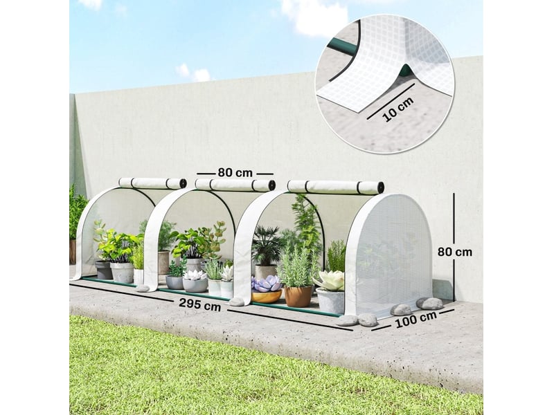 Serre tunnel de jardin 295 x 100 x 80 cm – blanche – 3 fenêtres zippées, aérables, film pe transparent - Conforama C