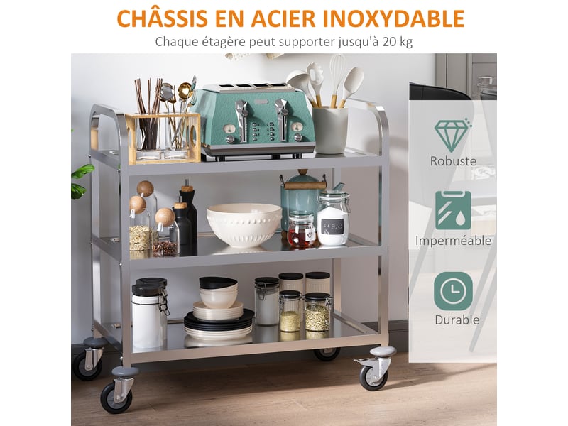 Desserte de cuisine à roulettes à 3 étagères, chariot de rangement en acier inox., chariot de cuisine et salle à manger, argenté, 90,5 x 50,5 x 88,2 cm - Conforama W