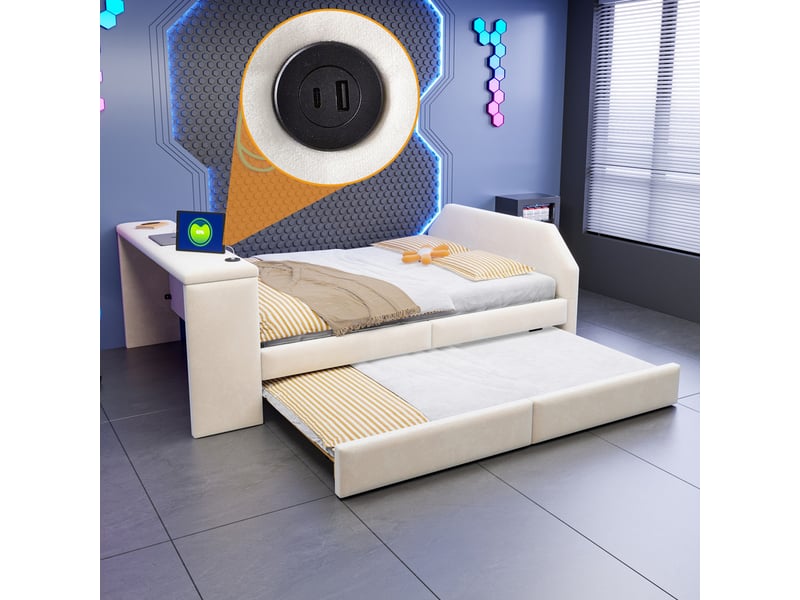  Lit pour enfant rembourré 140x200 cm – avec port de charge usb – avec lit gigogne – velours – beige (matelas non inclus)  - Conforama W