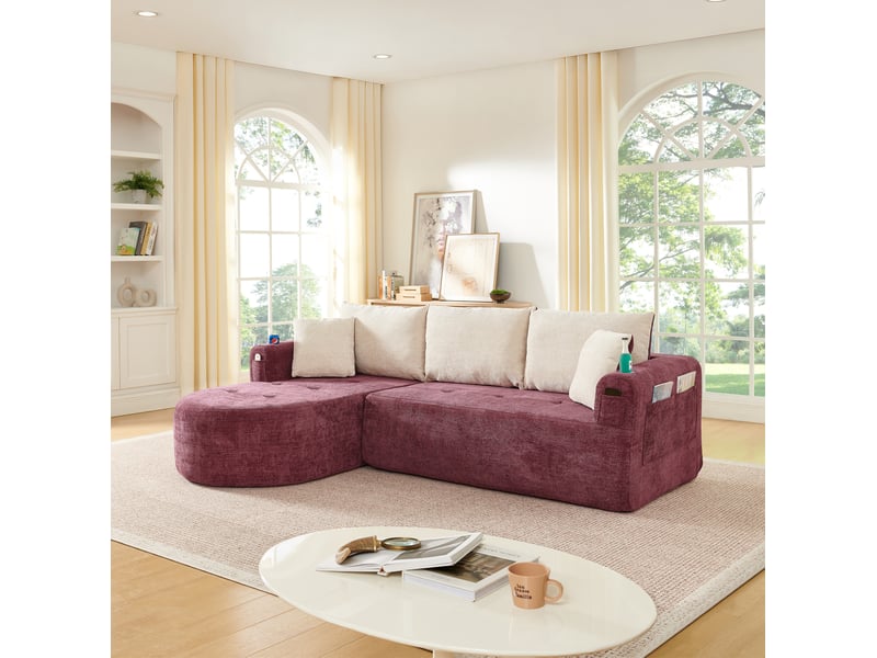  Canapé d'angle fixe en l 3 places 255 x 170 cm – rouge bordeaux – porte-gobelets et rangements intégrés  - Conforama B