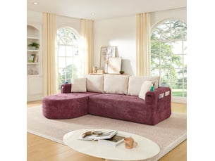 Canapé d'angle fixe en l 3 places 255 x 170 cm – rouge bordeaux – porte-gobelets et rangements intégrés
