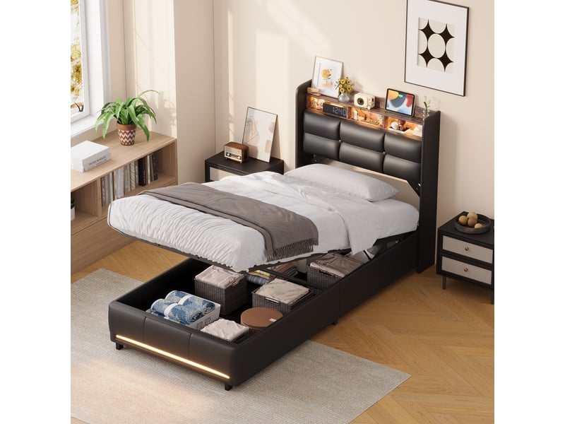  Lit simple coffre 90x200, rangement tête de lit et hydraulique, led tête et pied de lit, ports usb et type-c, revêtement pu noir  - Conforama B