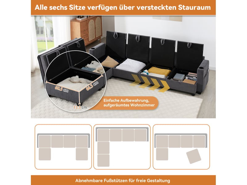  Canapé modulaire 6 places 280x152 cm – gris – rangements, ports usb, porte-gobelets et poufs amovibles  - Conforama E