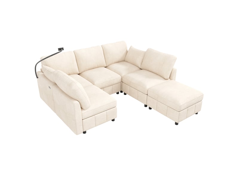  Canapé d’angle modulable 6 places 218x157x85 cm en chenille beige  - Conforama E