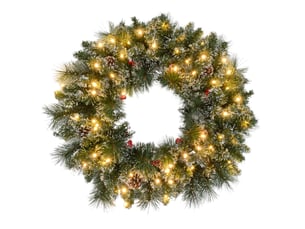 Couronne de noël porte artificielle 60 cm avec pommes de pin et grappes de baies, lumières led et minuterie vert