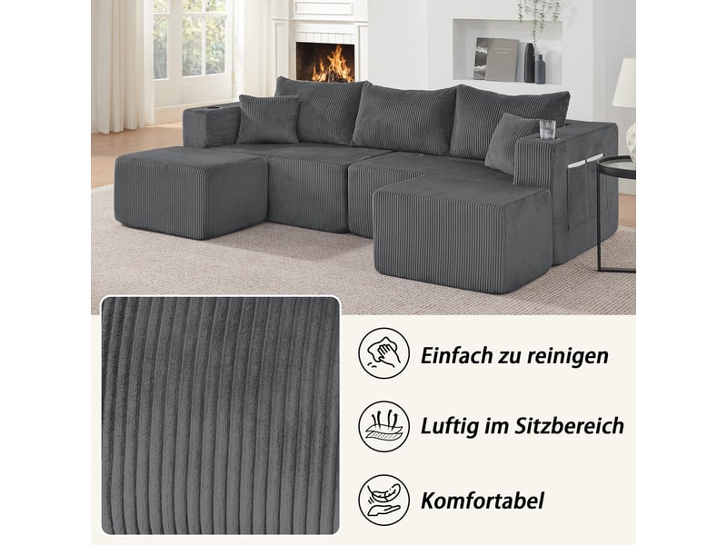  Canapé d’angle modulable 3 places avec ottomans mobiles  - porte-gobelets, velours côtelé gris  - Conforama E