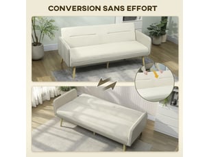 Canapé convertible 3 places 3 en 1, canapé-lit clic-clac, dossier réglable, assise rembourrée, beige, 185 x 84 x 83 cm