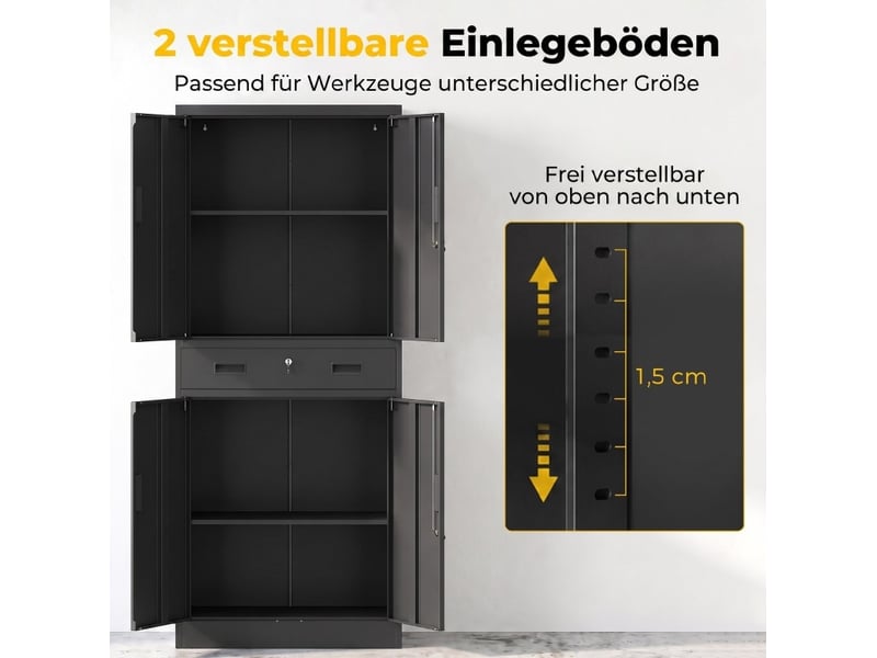  Armoire à outils en métal 75x40x180 cm – noir – portes verrouillables, tiroir et étagères réglables  - Conforama E