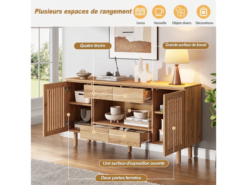  Buffet 140 x 35 x 71 cm, 4 tiroirs et 2 portes à persiennes, couleur bois naturel  - Conforama D
