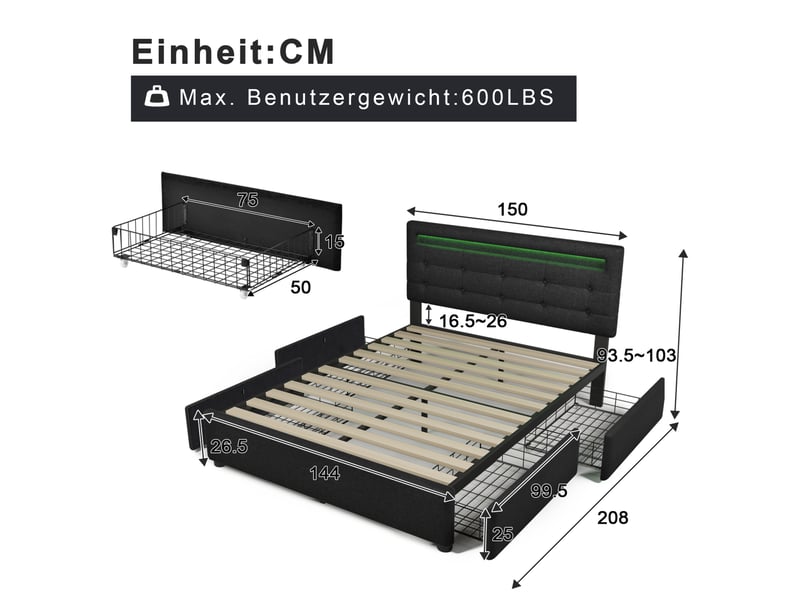  Cadre de lit tcqpz double 140 x 200 cm avec led 4 tiroirs tête de lit réglable noir lin et métal  - Conforama C