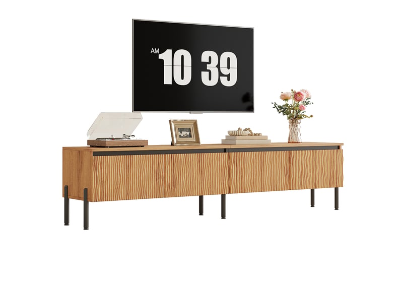 Meuble tv 180x35x43 cm - meuble bas avec 4 portes ondulées, rangement fermé, passe-câbles, pieds en métal, structure en pb et mdf - Conforama A