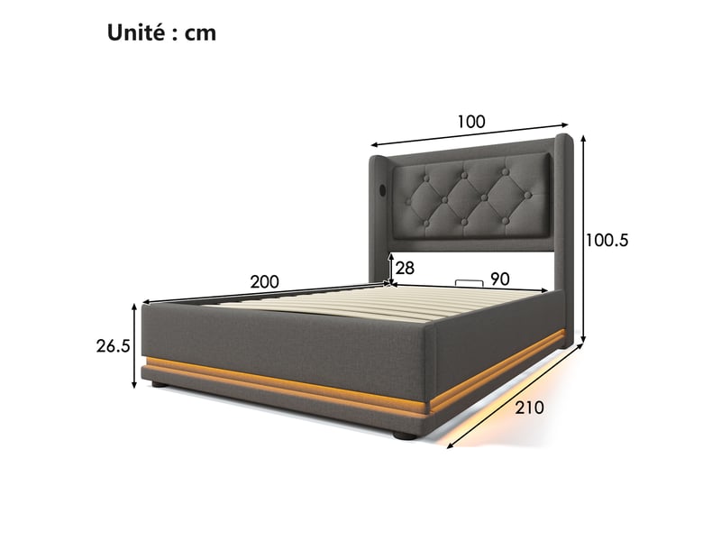Lit coffre hydraulique 90x200 - lit simple avec fonction de chargement usb type-c - coton - sans matelas - gris - Conforama C