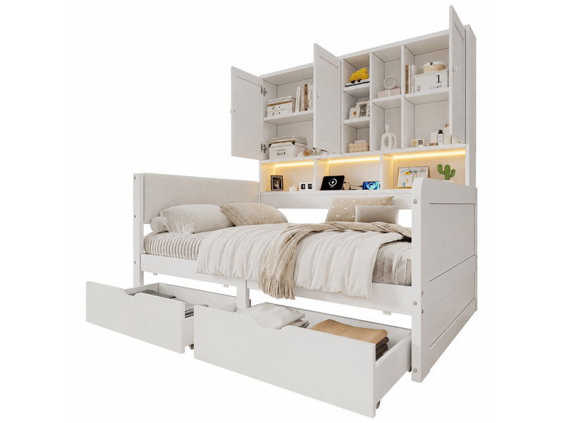  Lit enfant 90x200 avec rangement mdf blanc - tête rembourrée pu led usb  - Conforama A