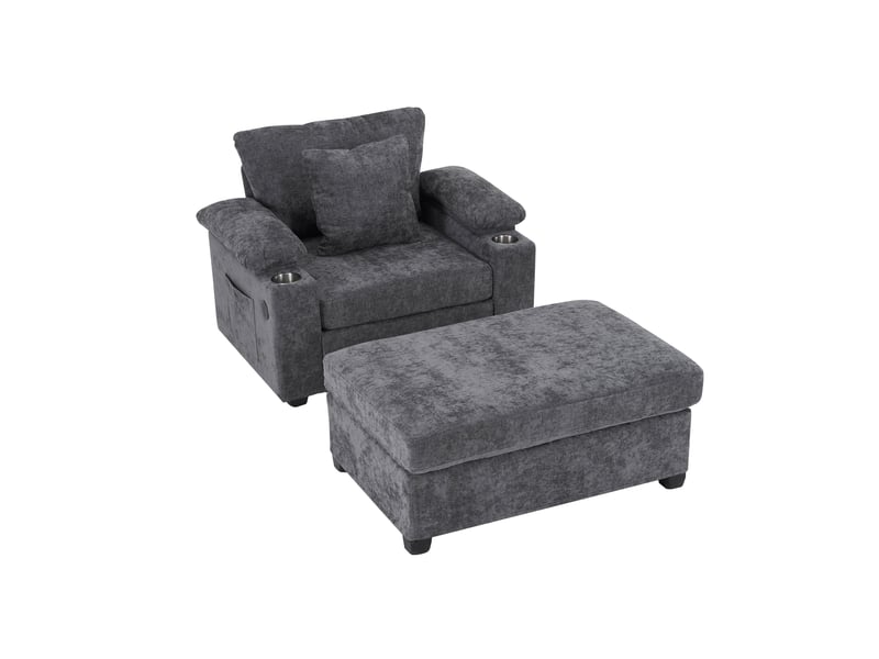  Fauteuil gris foncé en chenille avec pouf, 98 × 148 × 83 cm, rangements dissimulés, port usb et poches latérales  - Conforama A