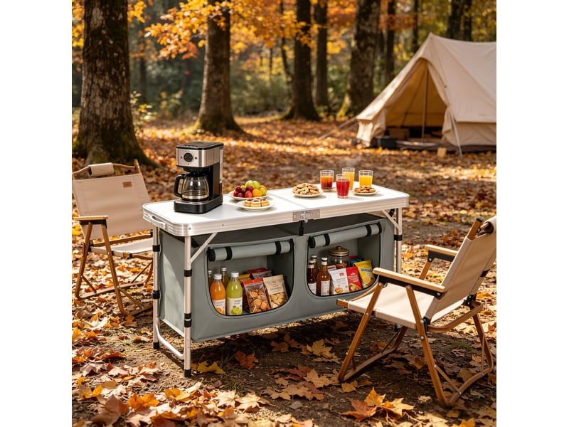 Table de camping pliante 120x47 cm – gris et blanc – hauteur réglable avec sac de rangement suspendu - Conforama D