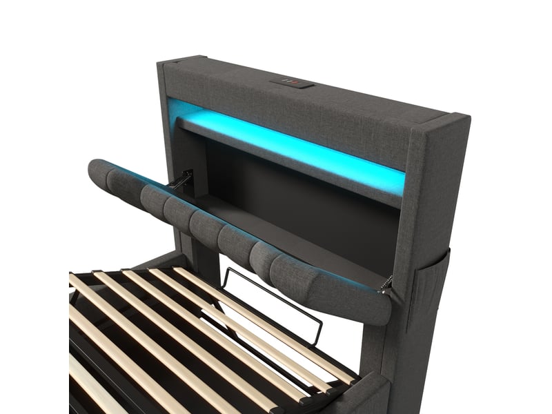  Lit coffre, lit simple 90x200 cm en lin avec 3 ports usb, type-c, led et rangements, matelas inclus, gris  - Conforama E