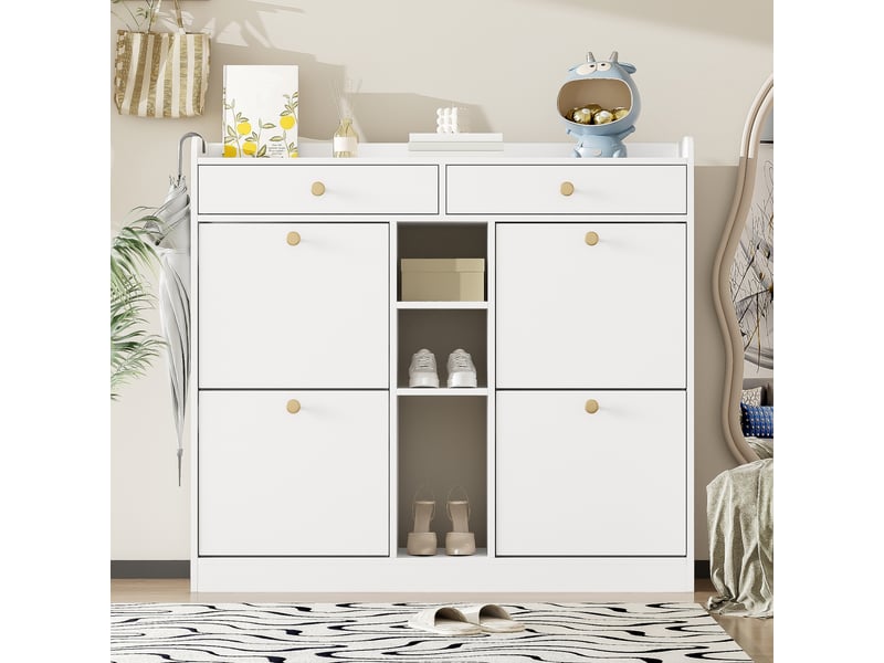  Meuble à chaussures avec 4 portes abattantes, 2 tiroirs et 3 niches 110×26×100 cm blanc  - Conforama C