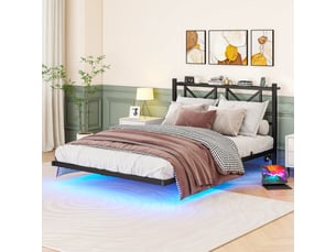 Lit double 140×200 cm avec tête de lit, led, étagère et ports usb - okmyhome- métal noir, sans matelas