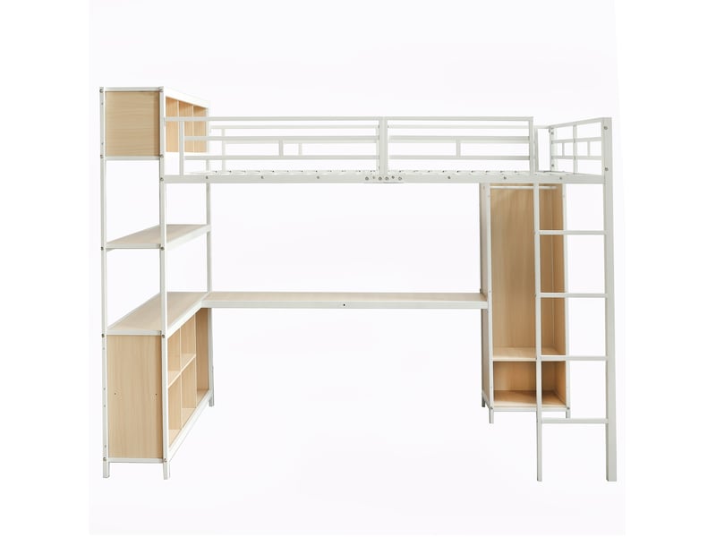  Lit mezzanine enfant 140x200 cm avec bureau, rangement 2 niveauxet armoire, échelle, métal et bois, blanc sans matelas  - Conforama E