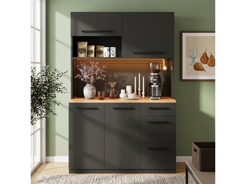 Buffet haut 120x40x180cm noir avec étagères prises usb et bande lumineuse pour salle à manger - Conforama B