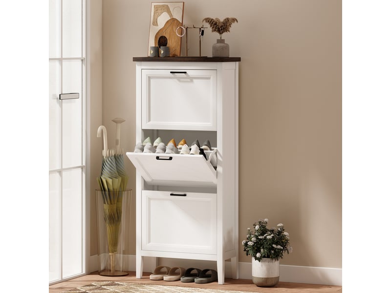  Meuble à chaussures 18 paires, armoire à chaussures étroite avec 3 tiroirs rabattables et étagères réglables, blanc  - Conforama C